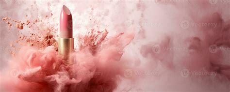 Generative Ai Nude Beige Color Lipstick Beige And Pink Powder Splashes And Smoke With Copy