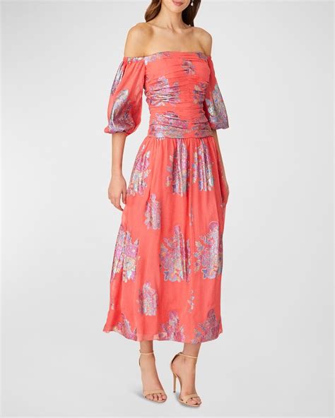 Shoshanna Off Shoulder Floral Print Mikado Midi Dress Neiman Marcus