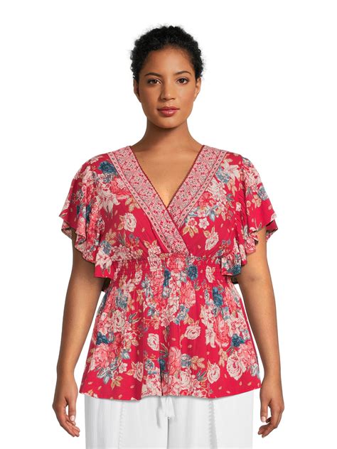 Romantic Gypsy Womens Plus Size Floral Flutter Sleeve V Neck Top