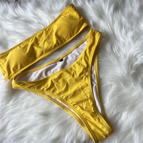 Strapless Yellow Bikini Set Removable Padding Top Depop
