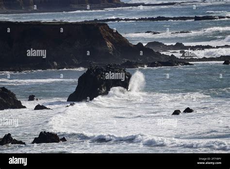 Pacific Ocean Waves Crashing On Rocky Coast Line California Central