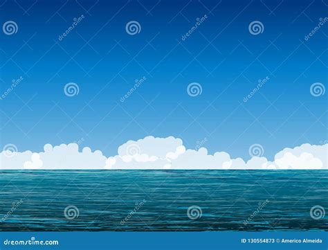 Landscape With Blue Sky With Some Clouds On Horizon Line And Calm Sea