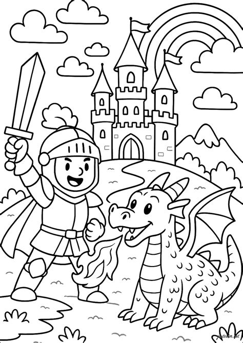 Courageous knight and dragon - Knight, Castle and Dragon Coloring Pages