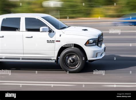 Ukraine Kyiv 24 September 2020 White Dodge Ram 1500 Hemi Car Moving