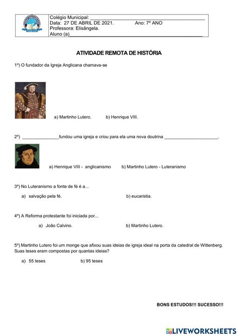 Exercicios Sobre Reforma Protestante 7 Ano Com Gabarito