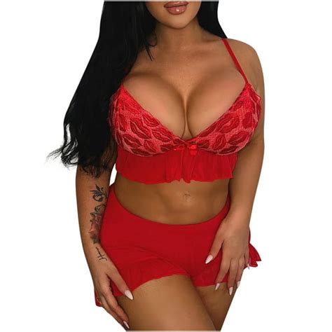 Luxalzxs Sexy Lingerie Two Piece Set Plus Size Floral Lace Scalloped