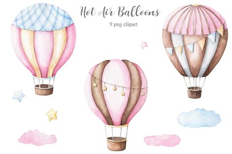 Watercolor Hot Air Balloon Hand Painted Clipart Digital Watercolor Png