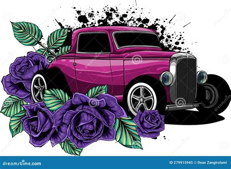 Vector Illustration Of Hot Rod Car With Roses Stock Vector Illustration Of Obsolete S