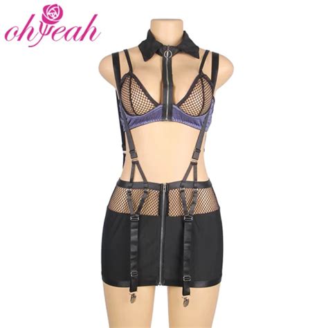 New Design Erotic Garter Belt Fishnet See Through Bra And Dress Sexy Lingerie Underwear Sets