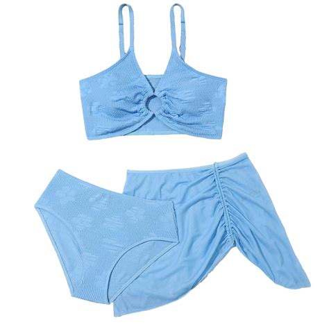 Povozer Girls 3 Piece Set Solid Color Bikini Swimsuit Cute Ruched Bathing Suit With Beach Skirt