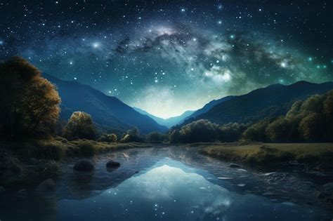 Premium Ai Image A Starry Night Sky Over A Mountain Lake