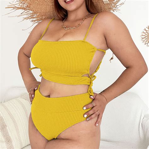 Lilgiuy Women Plus Size Fashion Charming Solid Swimsuit Bikini Set Two Piece Suit Tummy Control