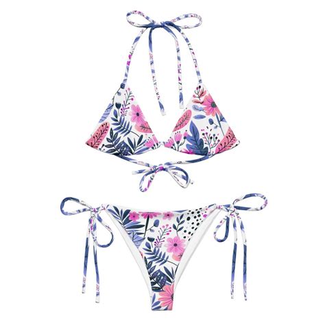 Pink And Purple Floral Print String Bikini Sexy Swimsuit Womens Summer