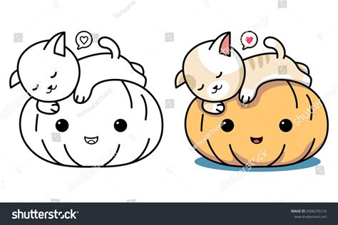 Cat Halloween Pumpkin Coloring Page Kids Stock Vector (Royalty Free