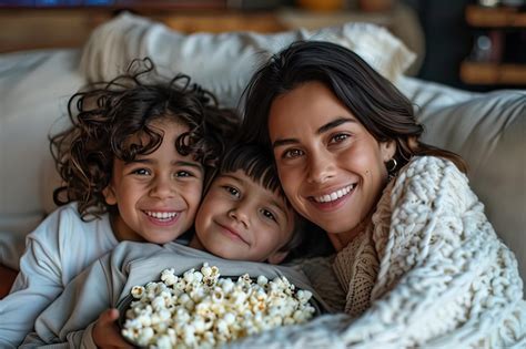 Madre latina y niños con palomitas de maíz sentados en el sofá en el Día de la Madre IA