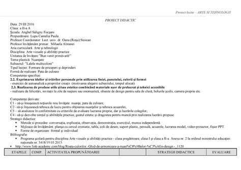 Proiect DE LECŢIE educatie plastica clasa a II a PROIECT DIDACTIC