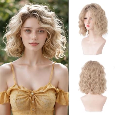 Amazon Short Ombre Ash Blonde Wavy Bob Wig For Women 14 Inch Shoulder Length Curly Free