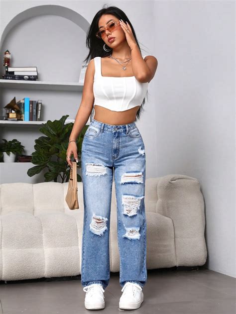 SHEIN EZwear Jeans A Gamba Dritta Con Strappati SHEIN ITALIA