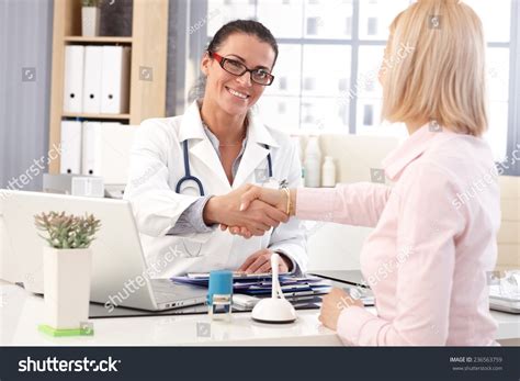 Happy Female Brunette Doctor Medical Office Stock Photo 236563759