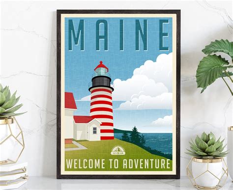 Retro Style Travel Poster Maine Vintage Rustic Poster Print Etsy Uk