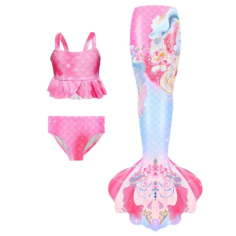 Gaexia Mermaid Swimsuit With Tail Girls Swimsuit Bathing Suits Bikini Fish Set For Girls Pink