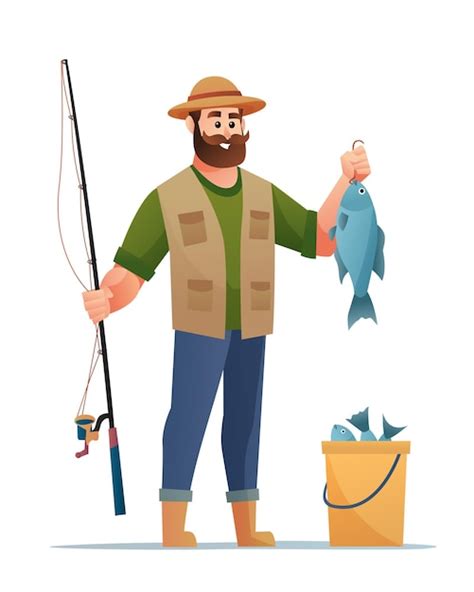 Premium Vector Fisherman With Fish Catch Character Cartoon