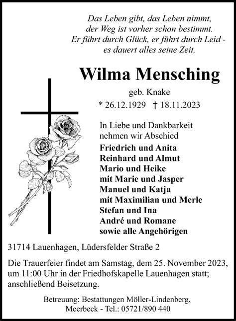 Traueranzeigen Von Wilma Mensching Trauer Anzeigen De