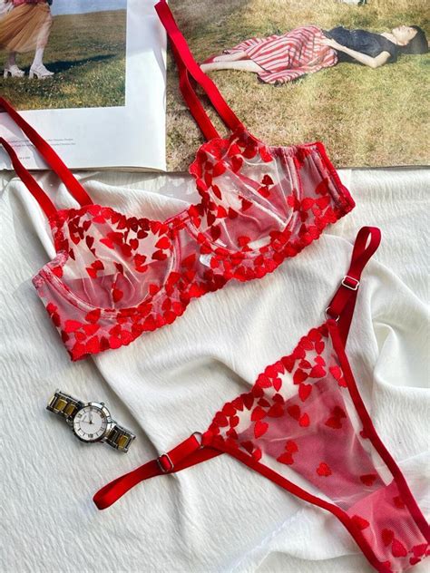 Hearts Lingerie Setred Lingerie Setsheer Thongfull Lingerie Etsy