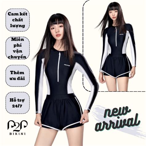 Đồ bơi Nữ một mảnh áo tay dài quần short hai lớp phối màu trắng đen P2P Bikini Thương hiệu