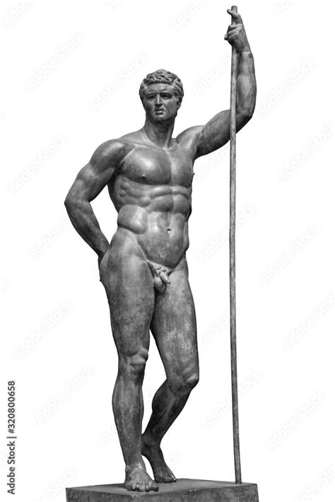 Ancient Bronze Statue Of Naked Man Isolated On White Background Muscular Sculpture Stock Photo