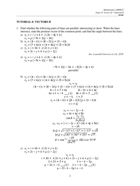 Tutorial 8 - Vectors - Ii - Answer Scheme | PDF | Plane (Geometry) | Angle
