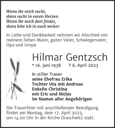 Traueranzeigen Von Hilmar Gentzsch Abschied Nehmen De