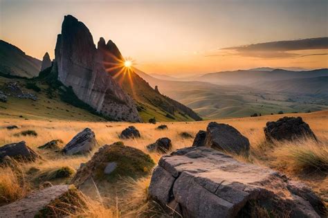 Premium Photo | Sunrise over a field of rocks and mountains