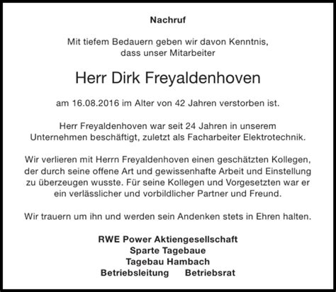 Traueranzeigen Von Dirk Freyaldenhoven Aachen Gedenkt