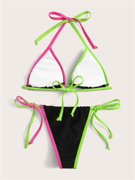 Contrast Binding Triangle Tie Side Bikini Swimsuit Shein Uk