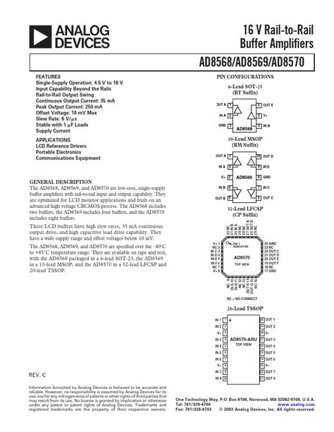 Ad8569 Analog Devices Amplifiers Hoja De Datos Ficha Técnica