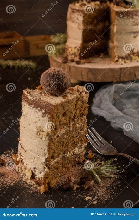 Slice Of Delicious Naked Coffee And Hazelnuts Cake Stock Image Image Of Baked Dessert