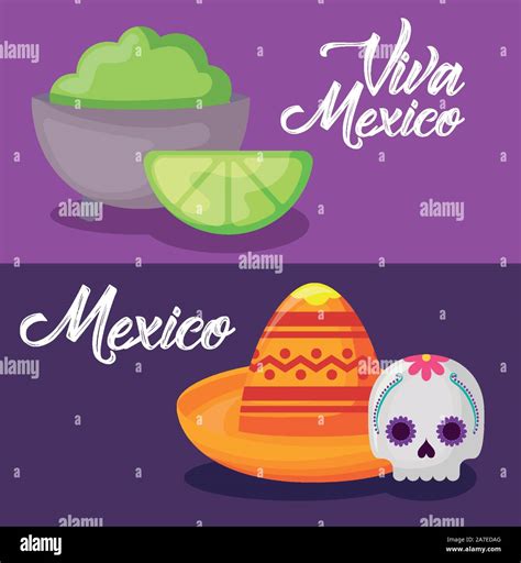 Set Of Viva Mexico Celebration With Hat And Icons Vector Illustration