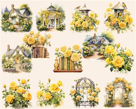 Yellow Rose Garden Watercolor Clipart, Yellow Rose Garden PNG, Yellow Garden Clipart, Yellow ...