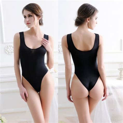Women Silky Lingerie High Cut Thong Leotard Bikini Sheer Shiny Bodysuit
