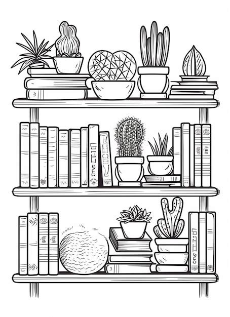 Premium Photo | A black and white drawing of a book shelf with books ...