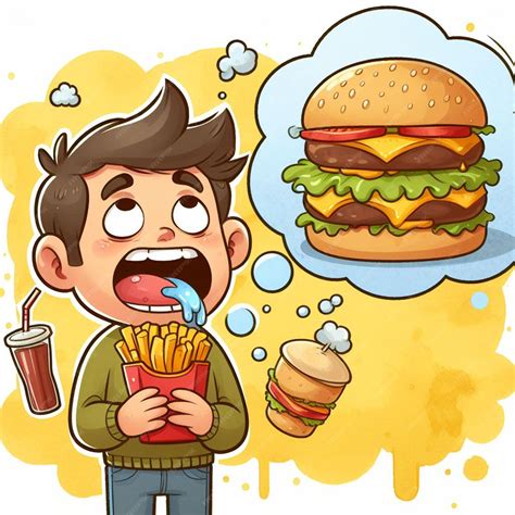 Cute chibi man thinking about a mouth watering food cartoon