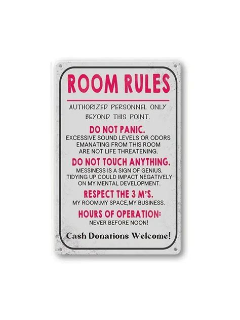 A Red And White Sign That Says Room Rules