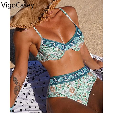 Vigocasey Sexy Underwire Push Up Strapped Bikini Swimwear Women High Waist Swimsuit Print