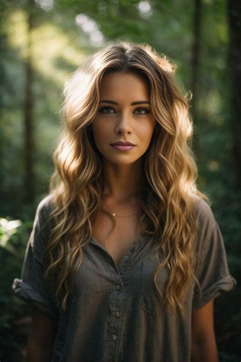 A Woman With Long Blonde Hair Standing In The Woods Wearing A Button Up Shirt And Looking Into