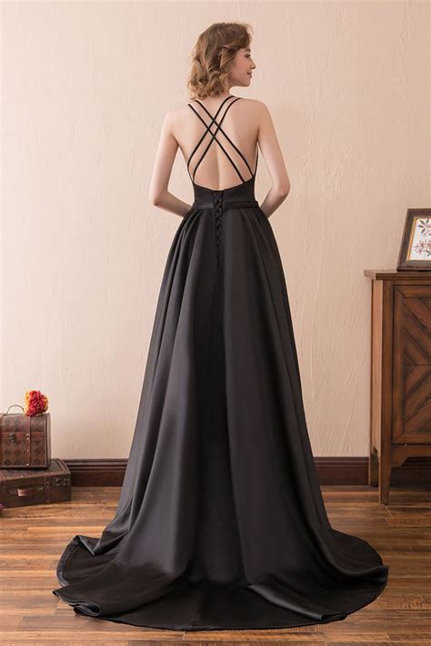 [ 119 00] Open Back Simple Black Satin Long Evening Dress With Train