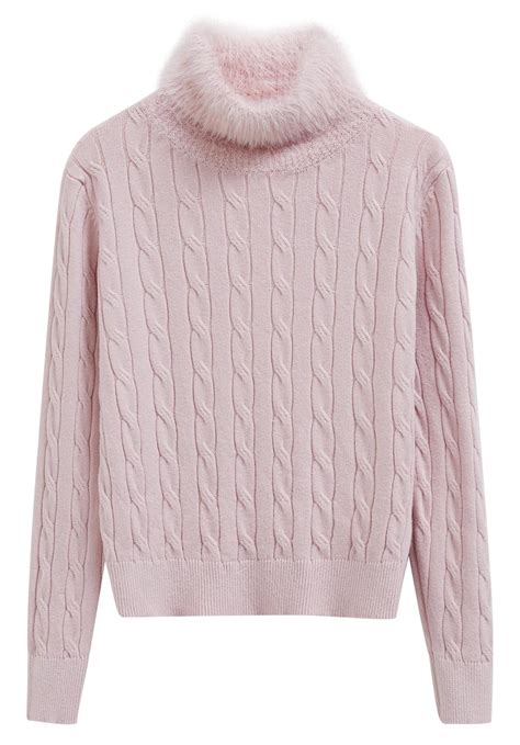 Soft Fuzzy Turtleneck Cable Knit Sweater in Pink - Retro, Indie and