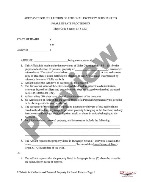 Idaho Affidavit For Collection Of Personal Property Pursuant To Small