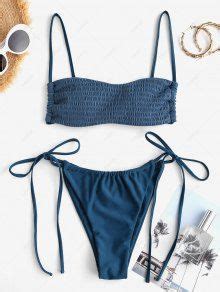 ZAFUL Tie Side Smocked String Bikini Swimwear In DEEP BLUE ZAFUL 2026
