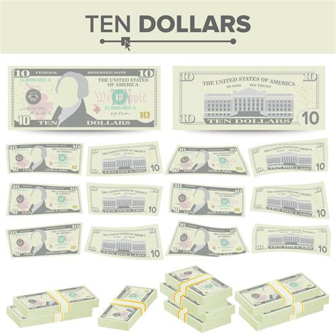 Dollars Banknote Vector Cartoon Us Currency Two Sides Of Ten